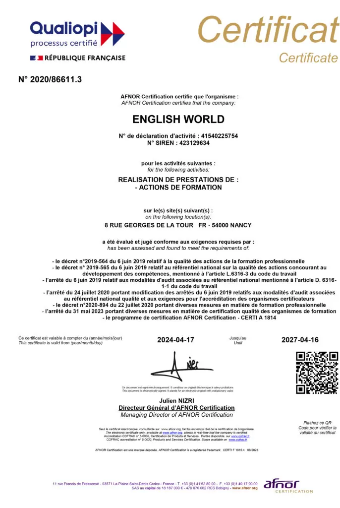 Certificat RNQ ENGLISH WORLD 2024-2027